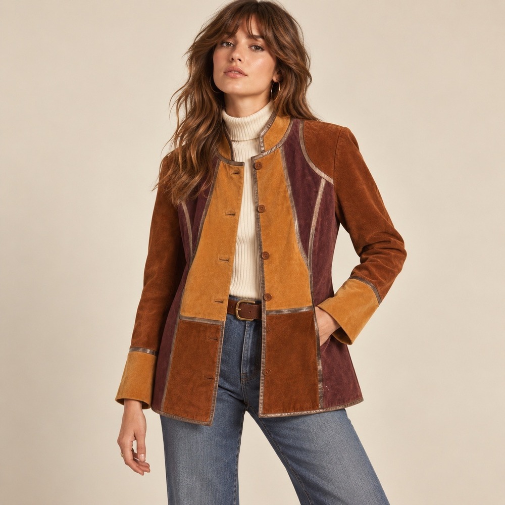 Linea Louis Dell'Olio Coat Women 1X Brown Vintage Suede Colorblock Quilted Boho